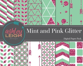 Glitter Digital Paper Pack, Mint and Pink Digital Paper, Tribal, Geometric, Arrows, Triangles, Chevron, Quatrefoil, Stripes, Commercial Use