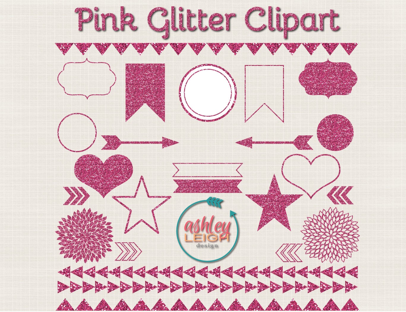 Glitter Clipart, Pink Glitter Clip Art 25 Assorted Shapes Banner, Label