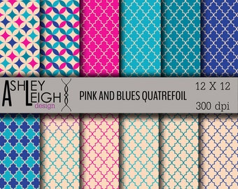 Quatrefoil Digital Paper Pack, Blue and Pink Digital Paper, Printable Paper, Quatrefoil Digital Scrapbook Paper, Commercial Use