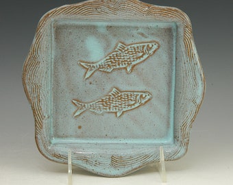 square plate stoneware, fish  impressed motif blue glaze one of a kind. serving, kitchen