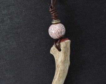 Shed antler pendant 6 with leather cord, crackle clay bead and stainless bayonet clasp.