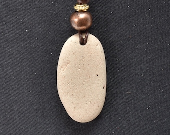 Cape Cod white beach brick fragment pendant with leather, steel and copper additions BB8