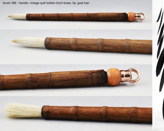 Handmade artist  brush 396 for calligraphy, water color, ceramics. It sports a vintage quill bobbin handle with brass loop.