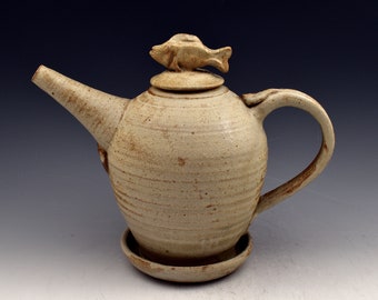 teapot ewer smallish serving piece, teapot ewer, pitcher one of a king bird finial stoneware ash glaze