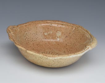 small stoneware serving bowl with handles and shell impressions GP37