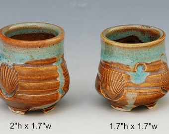May include: Two handmade ceramic cups with a seashell design. The cups are brown with a turquoise rim and measure 2 inches high by 1.7 inches wide and 1.7 inches high by 1.7 inches wide.