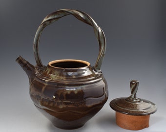 teapot, stoneware, iron red brown, handmade, one of a kind, 64 oz