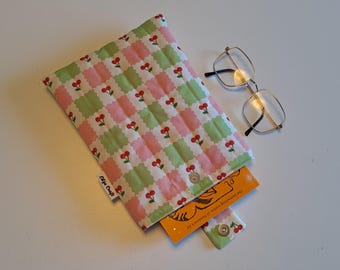 Quilted Book Sleeve, Padded Cotton, Cherry Print