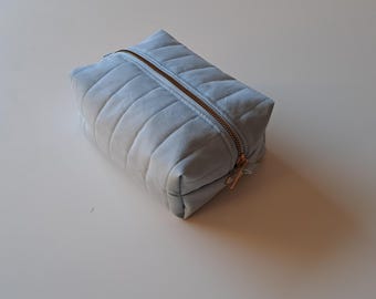 Handmade Quilted Makeup Bag - Sky Mist Blue Floral Toiletry Pouch