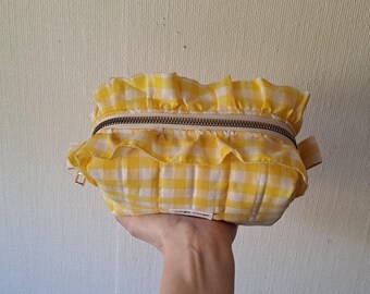 Yellow Ruffle Makeup Bag - Quilted Cotton Pouch