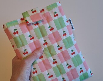 Quilted Book Sleeve, Padded Cotton, Cherry Print