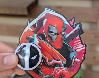 Marvel Rivals Deadpool spray water resistant sticker and button pin bundle avengers gaming Spiderman Wade Wilson