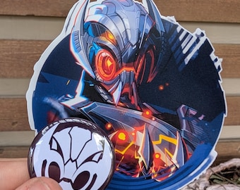 Paquete de pegatinas en aerosol y pin de botón de Ultron de Marvel Rivals, Avengers Gaming