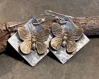 Butterfly Earrings Sterling Silver and Gold Brass Dangle Drop Metalsmith Artisan - Flutterby