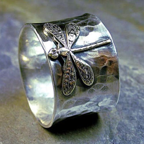Sterling Silver Dragonfly Ring Wide Band Nature Jewelry Art - Etsy