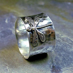 Sterling Silver Dragonfly Ring Wide Band Nature Jewelry art noveau brass insect  - Enchanted Dragonfly