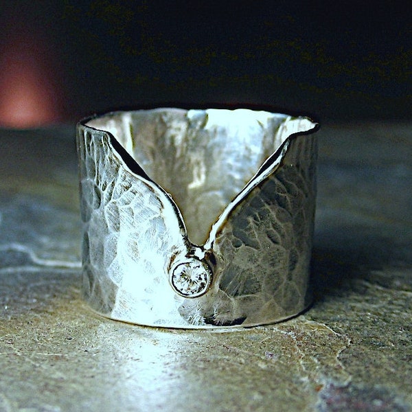 Diamond ring wide band sterling silver engagement artisan - Ice Whisper