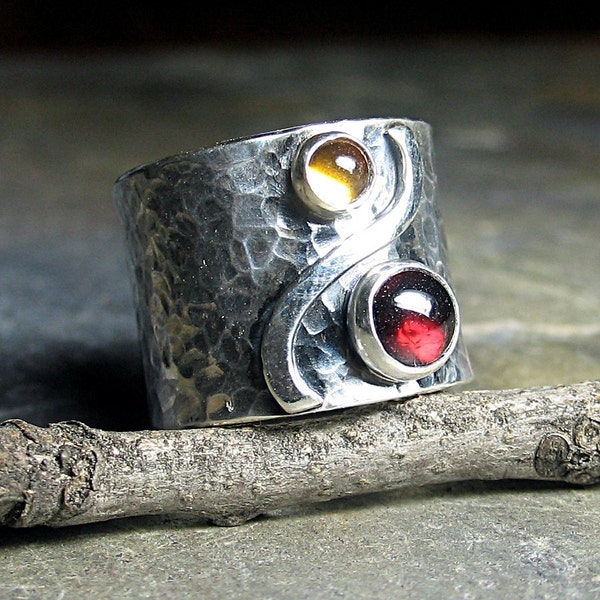 Sterling silver wide band ring garnet citrine metalsmith artisan - Autumn Afternoon