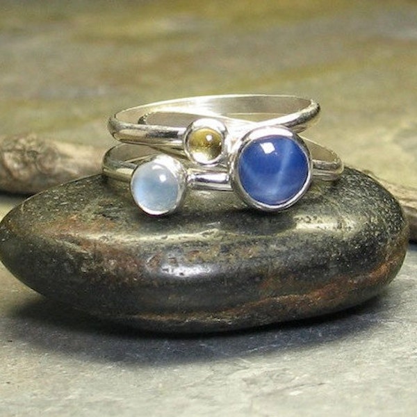 Stackable Rings - Star sapphire, moonstone, citrine - Sun, Moon and Stars