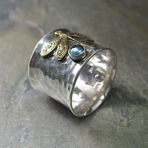 Dragonfly Ring Sterling Silver gemstone blue topaz amethyst garnet wide band - Dragonfly Treasure