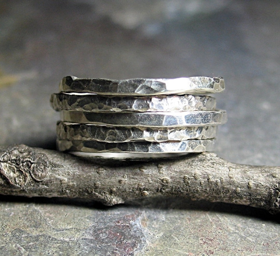 Stacking Rings Sterling Silver Hammered Textured Skinny Rustic Organic