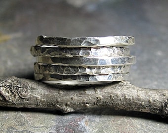 Stacking Rings Sterling Silver Hammered Textured Skinny Rustic - Organic Skinnies Set of Five