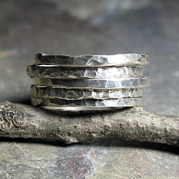 Stacking Rings Sterling Silver Hammered Textured Skinny Rustic - Organic Skinnies Set of Five