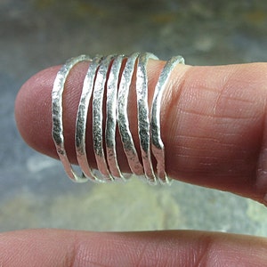 Skinny stacking rings, rustic, minimalist, fine silver - Summerlight Skinnies Set of 7