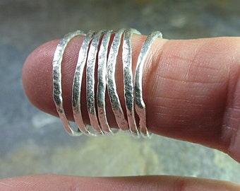 Skinny stacking rings, rustic, minimalist, fine silver - Summerlight Skinnies Set of 7