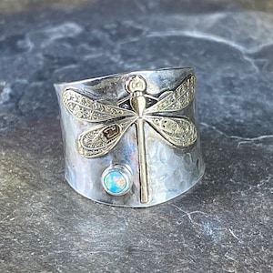 Dragonfly Ring Sterling Silver Opal Wide Band Cottagecore Artisan Metalsmith - Garden Dragonfly