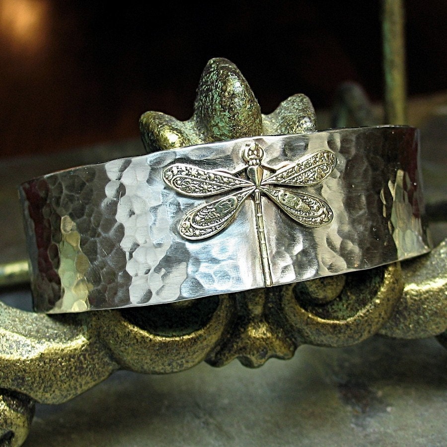 Dragonfly Cuff Bracelet in Hammered Sterling Silver Enchanted