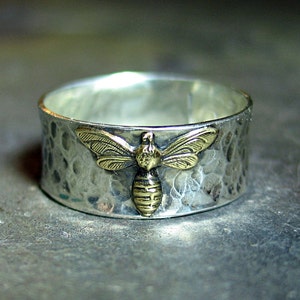 Bee Ring Honeybee Bumblebee Cottagecore Sterling silver wide band garden insect - Bee My Honey