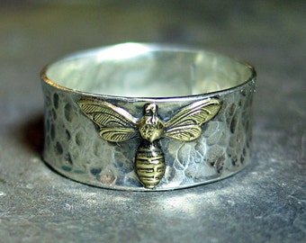 Bee Ring Honeybee Bumblebee Cottagecore Sterling silver wide band garden insect - Bee My Honey