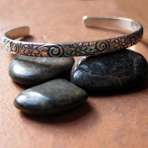 Narrow Cuff Bracelet Sterling Silver Flower Spiral - Whisper of Spring