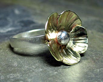 Flower ring sterling silver poppy buttercup nature garden flowers gold brass - Sunny Buttercup