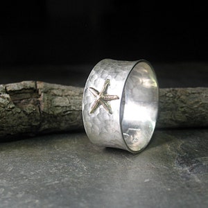 Starfish ring, summer jewelry, beach, sealife, ocean, sterling silver wide band, metalsmith artisan - Tidepool Starfish