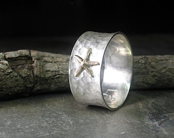 Starfish ring, summer jewelry, beach, sealife, ocean, sterling silver wide band, metalsmith artisan - Tidepool Starfish
