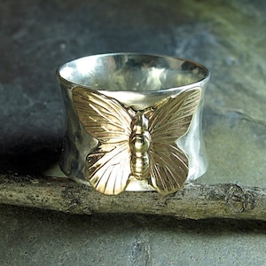 Butterfly Ring, Sterling Silver Wide Band, Brass, Gold color - On Golden Wings