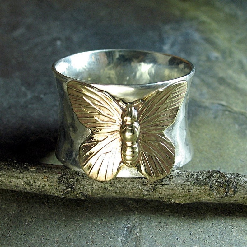 Butterfly Ring, Sterling Silver Wide Band, Insect Nature Garden - On Golden Wings 