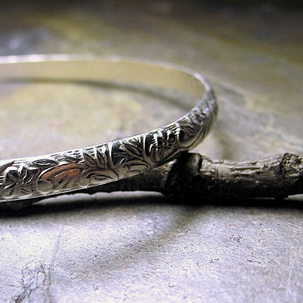 Narrow stacking bangle sterling silver flower leaves handmade - Silver Tapestry