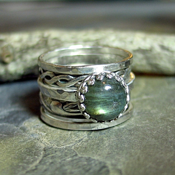 Labradorite Stacking Rings Set of 5 in Sterling Silver - Castle Keep