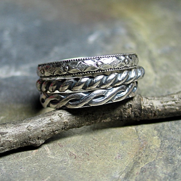 Stacking rings sterling silver set of three flower floral twist pattern wire - Three's Company