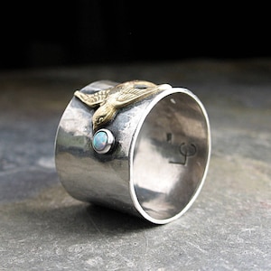 Bird ring wide band sterling silver opal ring swallow  cottagecore jewelry metalsmith artisan fabricated  - Dream Chaser