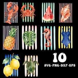 May include: A digital collection of ten watercolor illustrations featuring a lobster, crab, watermelon slice, seashell, pineapple, monstera leaf, seahorse, blue swimsuit, lemons, and sea turtle, each set against vertical stripes with the text 10 SVG-PNG-DXF-EPS.