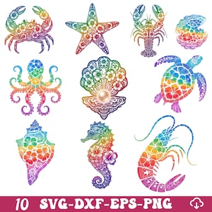 May include: A collection of ten colorful sea creature designs, including a crab, starfish, lobster, clam, octopus, seashell, pearl, turtle, seahorse, and shrimp. Each design is filled with a rainbow floral pattern and intricate details. The bottom of the image has the text "10 SVG-DXF-EPS-PNG".