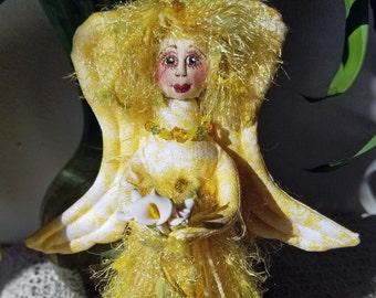 Sunny yellow fiber sculpted standing angel figurine with silk face, Swarovski crystal accents