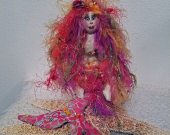 OOAK, Exquisite fiber sculpted mermaid sculpture sitting on real starfish, silk upper body and face, Swarovski crystal accents