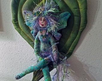 ON SALE: OOAK, fiber sculpted fairy on silk, handdyed leaf, silk face, Swarovski crystal accents, wall accent