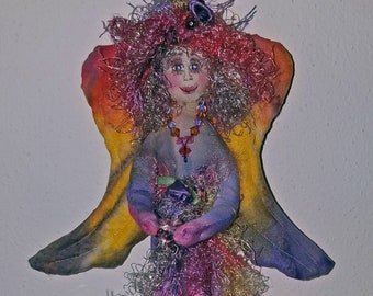 OOAK, Fiber Sculpted SUNSET ANGEL, wall accent, silk face, Swarovski crystal accents