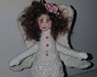 Sweet fiber sculpted Victorian Angel, silk face, lace trim
